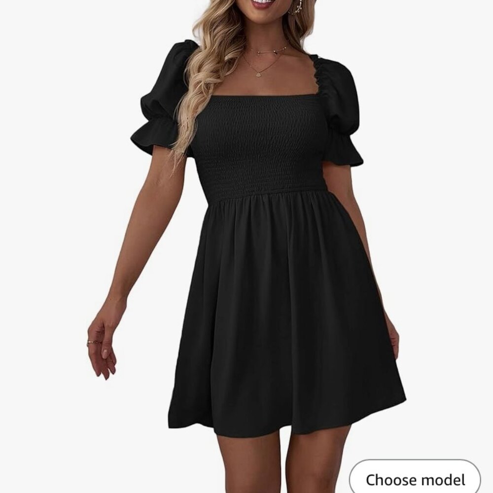 NEW Women's  Square Neck Flounce Short Sleeve Black Shirred Ruffle Hem Dress, S